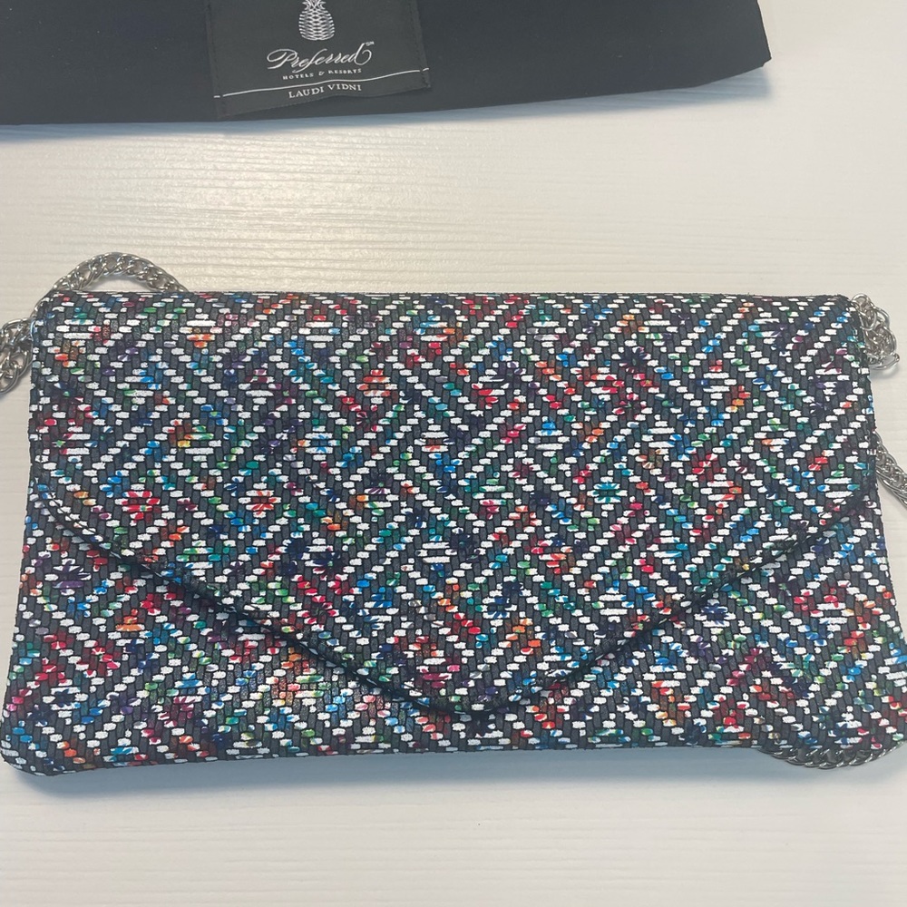 New in dust bag: Laudi Vidni Multicolored Comodo Envelope Clutch, Silver Chain